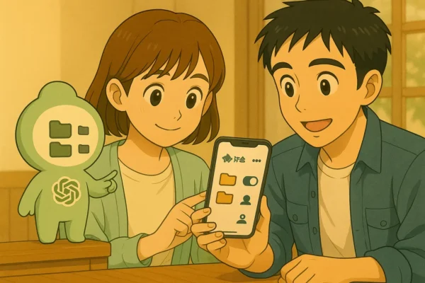 陽菜とひろとがスマホの画面でTeam GPTのワークスペース設定を確認している。フォルダやトグルの抽象ピクトが並び、ChatGPTくんが横で案内している。