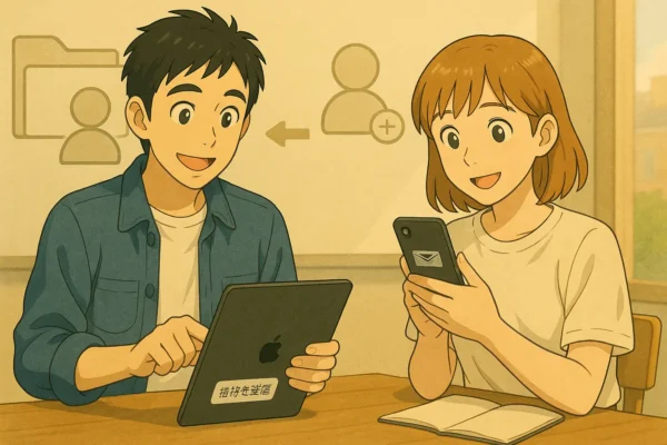 ひろとがiPadで招待を送信、陽菜がスマホでメールを確認。