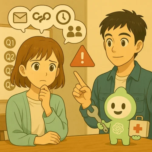 陽菜がトラブルに悩み、ひろとが注意アイコンを指しながら解決の流れを示す。足のあるChatGPTくんがレンチと救急箱で支援する。