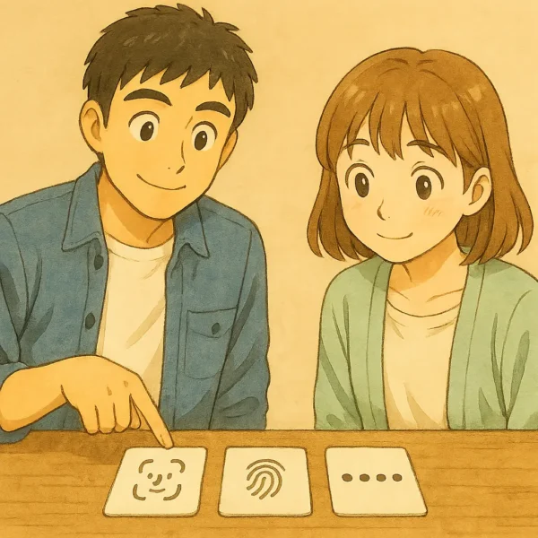 陽菜とひろとが並んで、Face ID・Touch ID・パスコードを示す3つのシンプルなアイコンを前に、画面ロックの仕組みを整理している様子。Studio Ghibli風の水彩タッチで、室内の柔らかな光の中、陽菜は理解して安心した表情。