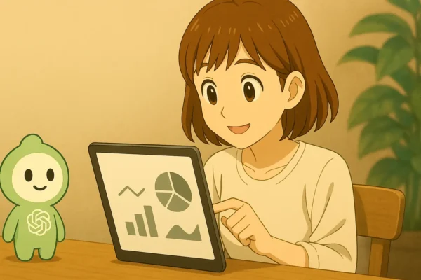陽菜がグラフやメモを見ながら、ChatGPTくんとリサーチ結果を確認しているイメージ。