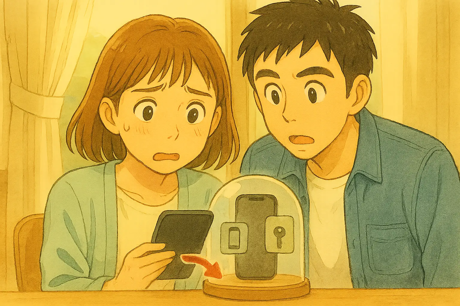 陽菜が明るい画面のiPhoneをスワイプしようとしても反応せず、困った表情で見つめている。隣のひろとも驚いたように画面をのぞき込み、スマホが固まっている状況を示した水彩タッチのイラスト。