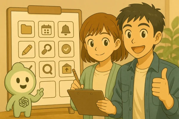 陽菜とひろとがチェックボードの前で、共有運用の小ワザを10個の抽象アイコンで確認している。足のあるChatGPTくんがボードを指して案内する。