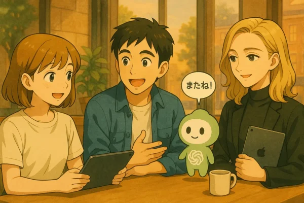 夕方のカフェ、3人が談笑しながら「今度Teamで試してみようか」と話す。 ChatGPTくんが小さく「またね!」の吹き出し。 彩花が穏やかに「いい記事にまとまったね」と笑っている。