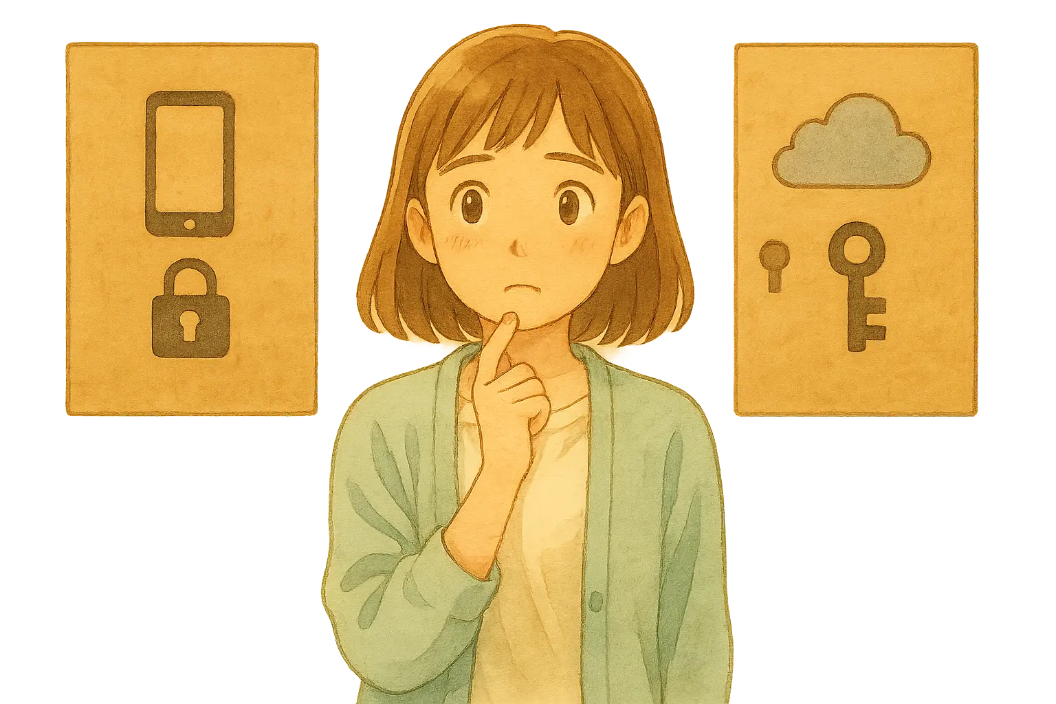 陽菜が少し首をかしげながら、スマホの鍵アイコンとクラウドの鍵アイコンの2枚のパネルを見比べているイラスト。iPhoneの画面ロックとApple IDのサインインが別の仕組みであることを示した水彩タッチのやわらかな構図。
