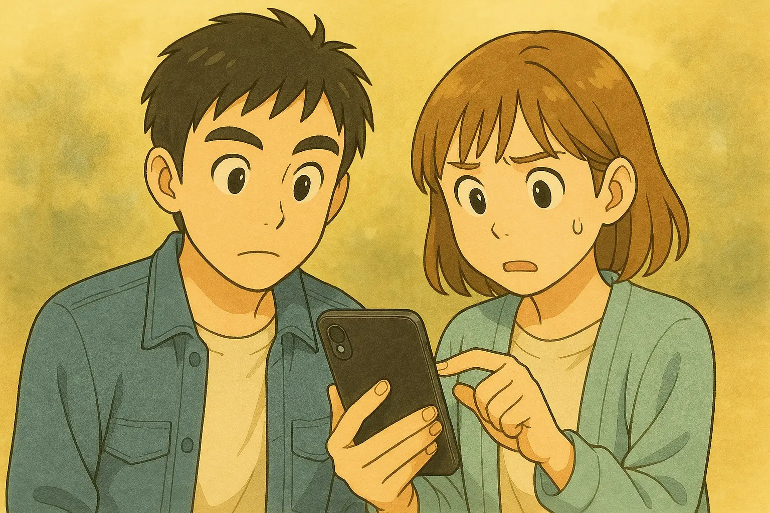 木漏れ日の差し込む明るい室内で、陽菜とひろとが並んでiPhoneを見つめているイラスト。やさしい水彩タッチで、これから画面ロックの話が始まりそうな雰囲気。