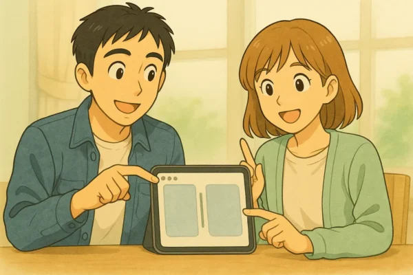 ひろとが境界バーを指差すジェスチャー
陽菜が「これ動かせばいいんだ！」と気づく表情