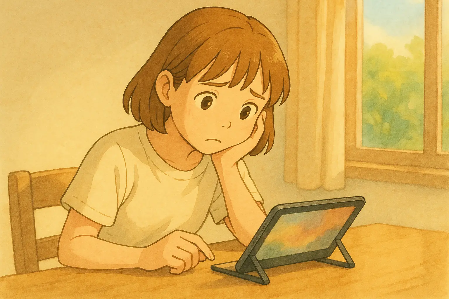 角度が浅いスタンドに置いたiPadを見つめながら、「なんで回らないんだろう?」と首をかしげる陽菜のイラスト