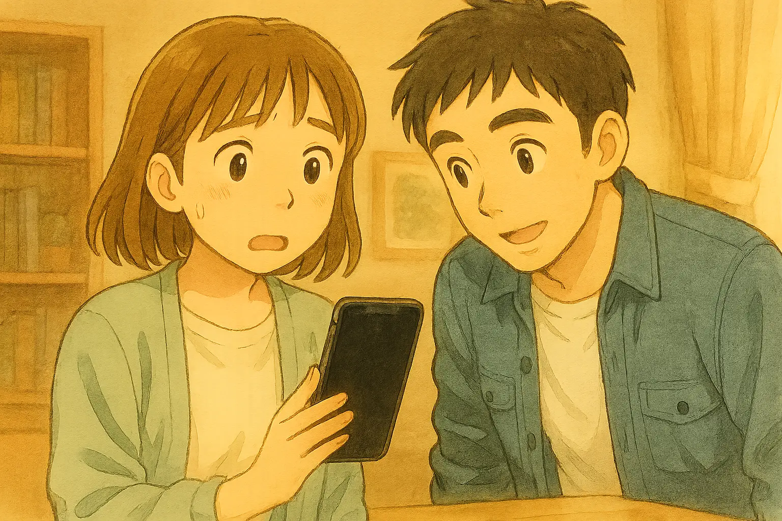 陽菜が真っ暗なiPhoneの画面を見て驚き、隣のひろとが心配そうにのぞき込んでいる水彩タッチのイラスト。画面が反応せず、バッテリー切れやフリーズを疑う状況を表現。