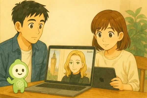 Team GPTの打ち合わせで、ひろとと陽菜がノートPC越しにロンドンの彩花とZoom通話している様子。