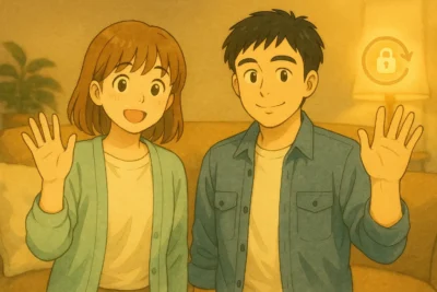 ひろとと陽菜が、夕方のあたたかなリビングで読者に向かって手を振り、そばに小さく光る“回転ロック”アイコンが浮かんでいるイラスト。