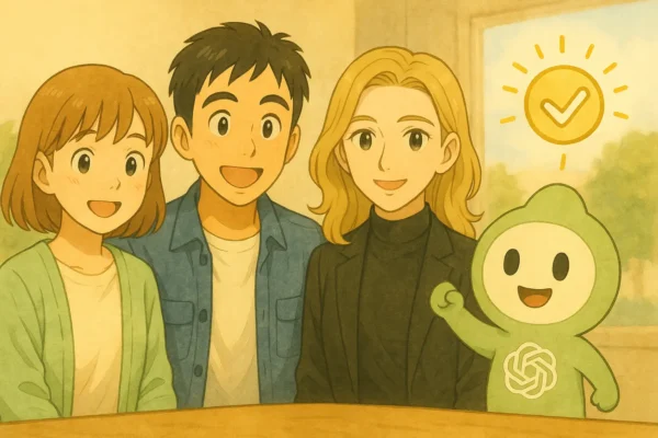 彩花、ひろと、陽菜、ChatGPTくんが集まり、TeamGPTで成果が出て嬉しそうにしている