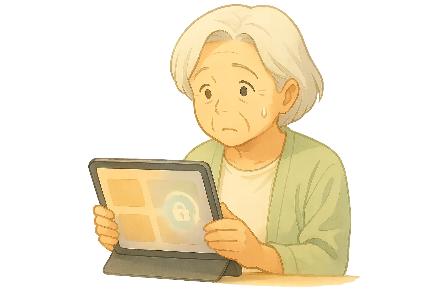 困った表情でiPadを見つめる幸子さん。画面にはぼんやりとした抽象的なロック風アイコンが光り、設定が原因で回転しない状況に戸惑っている様子。