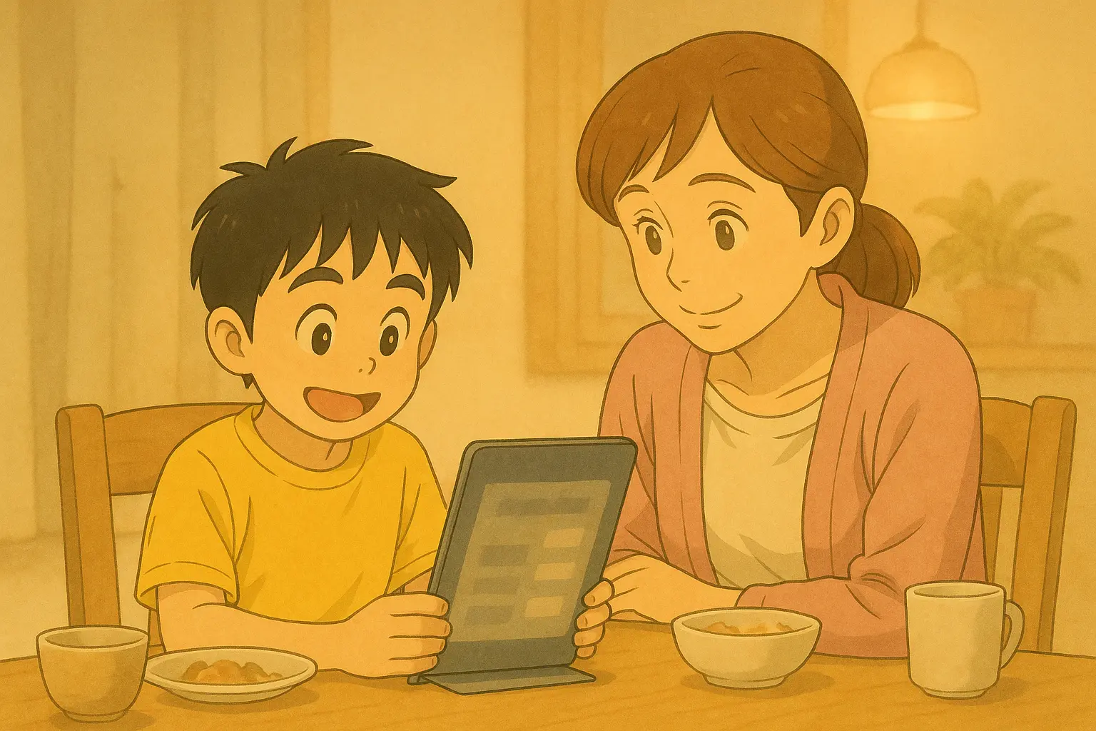 夕食の食卓で、縦向きに固定したiPadを見ているそうまと、安心した笑顔で寄り添う母・結衣のイラスト。縦向きの安定した画面でニュースのようなレイアウトが読みやすく表示されている。