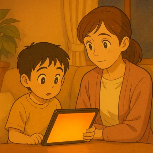 夜のリビングで、タブレットからのあたたかい光を見つめる颯真と、その様子を優しく見守る結衣のイラスト。True ToneやNight Shiftで色味を調整した画面の雰囲気が伝わるシーン。