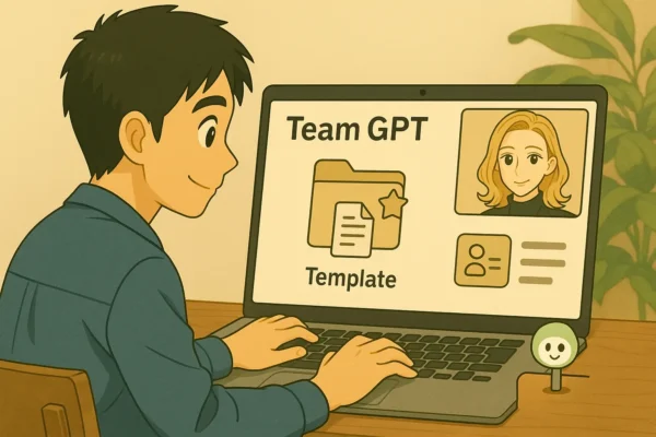 ノートPC越しにテンプレートを共有する打ち合わせ。ひろとが操作し、画面右上に彩花の通話ウィンドウ、机端にChatGPTくん。