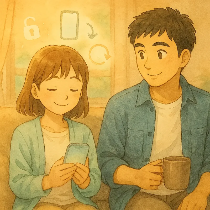 陽菜がソファでiPhoneを手に安心した笑みを見せ、隣でひろとが穏やかに見守っている水彩イラスト。画面ロックの不安が落ち着いた様子を表現。