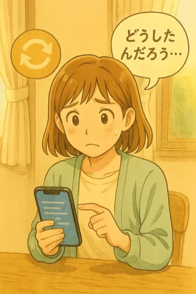 iPhoneを手にした陽菜が、アップデート後の軽い不具合に首をかしげている様子。画面を見つめて戸惑う表情で、背景には更新マークがふわりと描かれ、アップデート直後の不安定さをやわらかい水彩タッチで表現している。