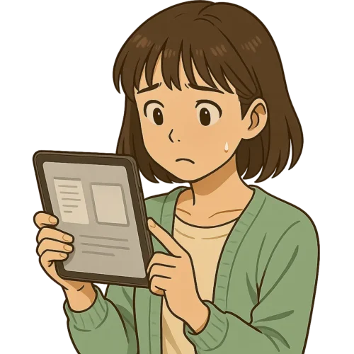 iPadを両手で持って、画面をじっと見つめて「ん？レイアウト変わった？」という困り顔