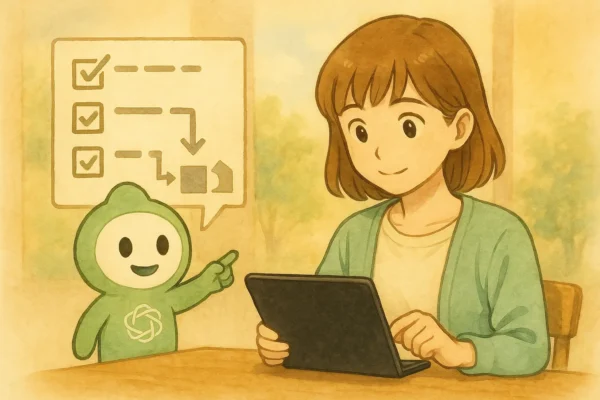 陽菜がミント色のカーディガンでタブレットに入力し、ChatGPTくんが吹き出しのチェックリストと矢印で手順を示している