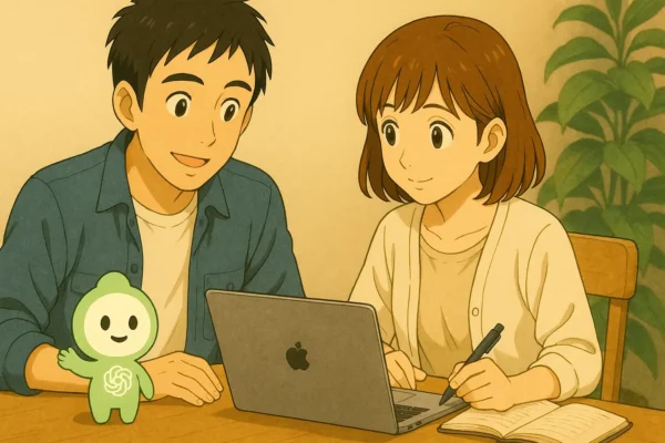 ノートを開いた陽菜とひろとが、明るい空間でアイデアを語り合う。