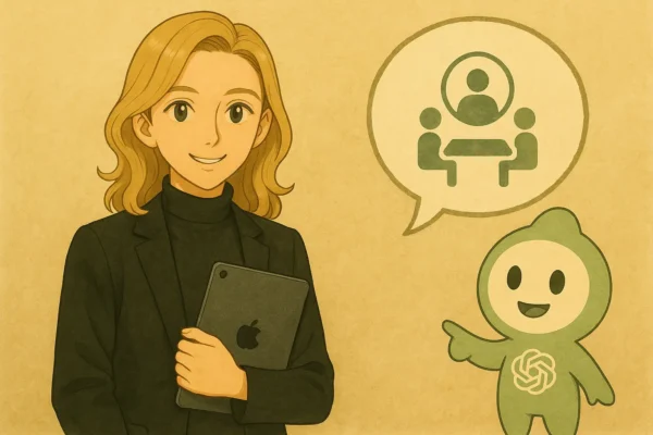 iPadを持つ彩花が、ChatGPTくんとTeamGPTのイメージを話している。ChatGPTくんは吹き出しで「個人→チーム」を示す記号を投影している。