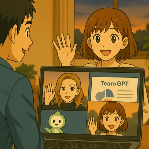 夕方のオンライン会議で3人が成果を見せ合う。PC画面にスライドと参加ウィンドウ、横で手を振る陽菜。