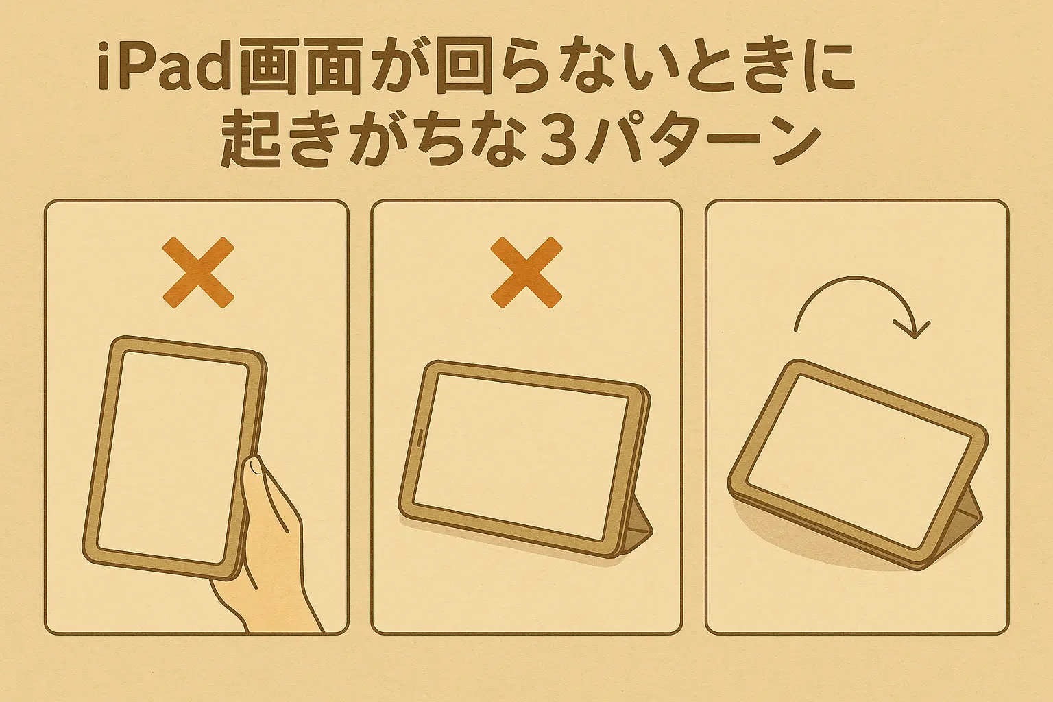 左:横に傾けても縦のまま固まるiPad 中:縦にしても横のまま変わらないiPad 右:斜め45度で止まるiPad