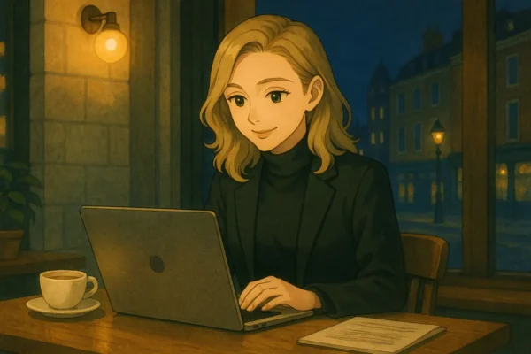 彩花がロンドンの夜景のカフェでノートPCを見ている。テーブルにコーヒーカップと資料。