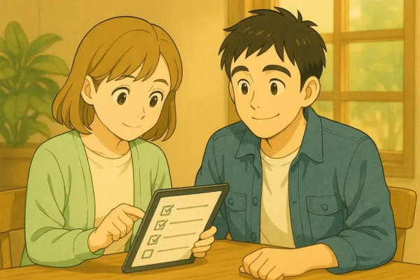 陽菜がチェックリストを確認し、ひろとが安心して見守っている