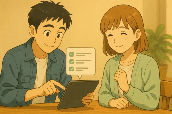 ひろとがiPadでタスクを整理し、陽菜が理解してうなずいている