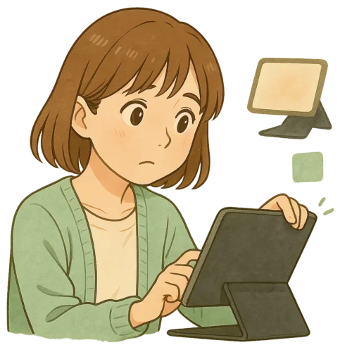 陽菜が iPad を“ちょっと見上げる”ようにして
手で眉上に影を作って「光が反射して見えにくい…」という表情