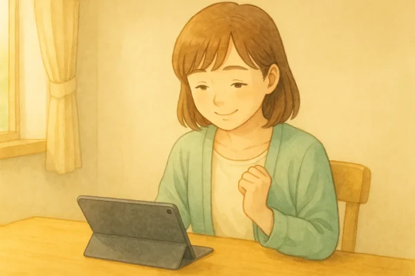 iPadを両手で持ちながら、これから自分に合う明るさを見つけていこうと前向きな表情でうなずく陽菜のイラスト。ミント色のカーディガンを着ている。