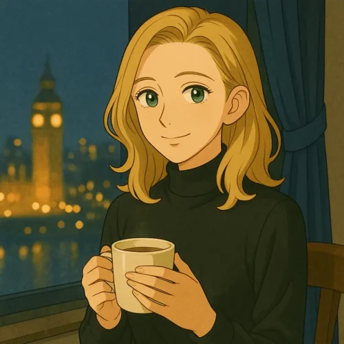 ロンドンの夜景を背景に、彩花が湯気の立つマグを手にほほえむ。