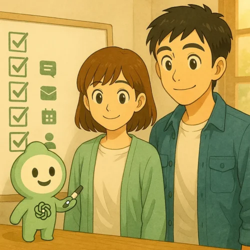 ChatGPT Teamのワークスペースを整える7日間チェックリストを確認するふたり