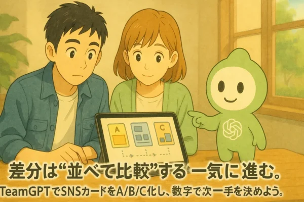 陽菜とひろとがSNSカードの案をテーブルで検討し、ChatGPTくんが吹き出しでアイデアを示している