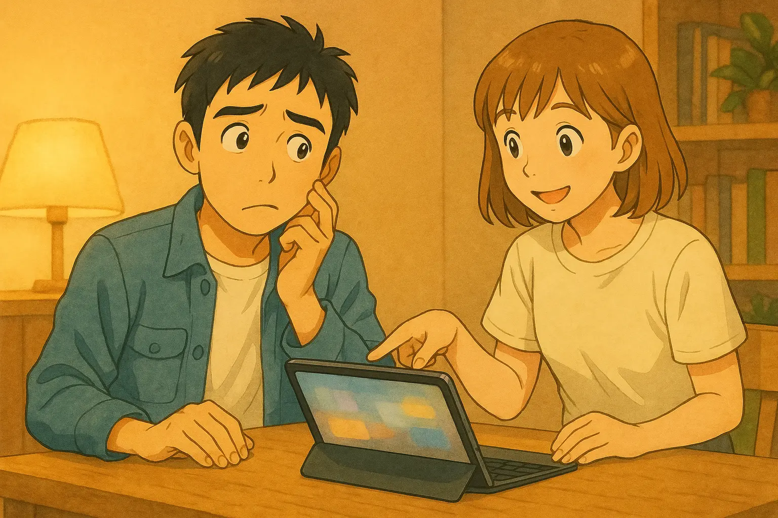 キーボードケースを付けたiPadが横向きのままで、首をかしげるひろとと、理由をやさしく説明する陽菜のイラスト