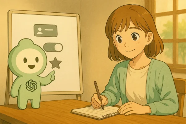 ChatGPTくんと陽菜が並んで“設定ボード”を見る。