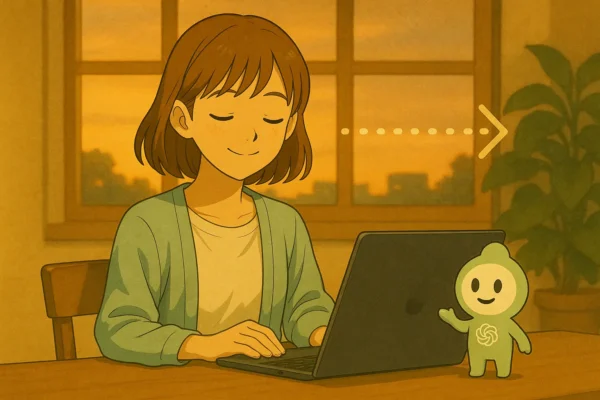 Team GPTの共有ワークスペース整備を終えた陽菜が一息つくシーン