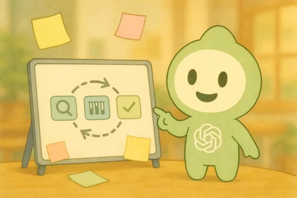 ChatGPTくんがホワイトボードで“仮説→検証→反映”の循環をアイコンで示している(文字なし)