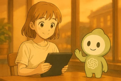 陽菜がiPadを閉じ、ChatGPTくんが手を振る締めのシーン(夕方のカフェ)