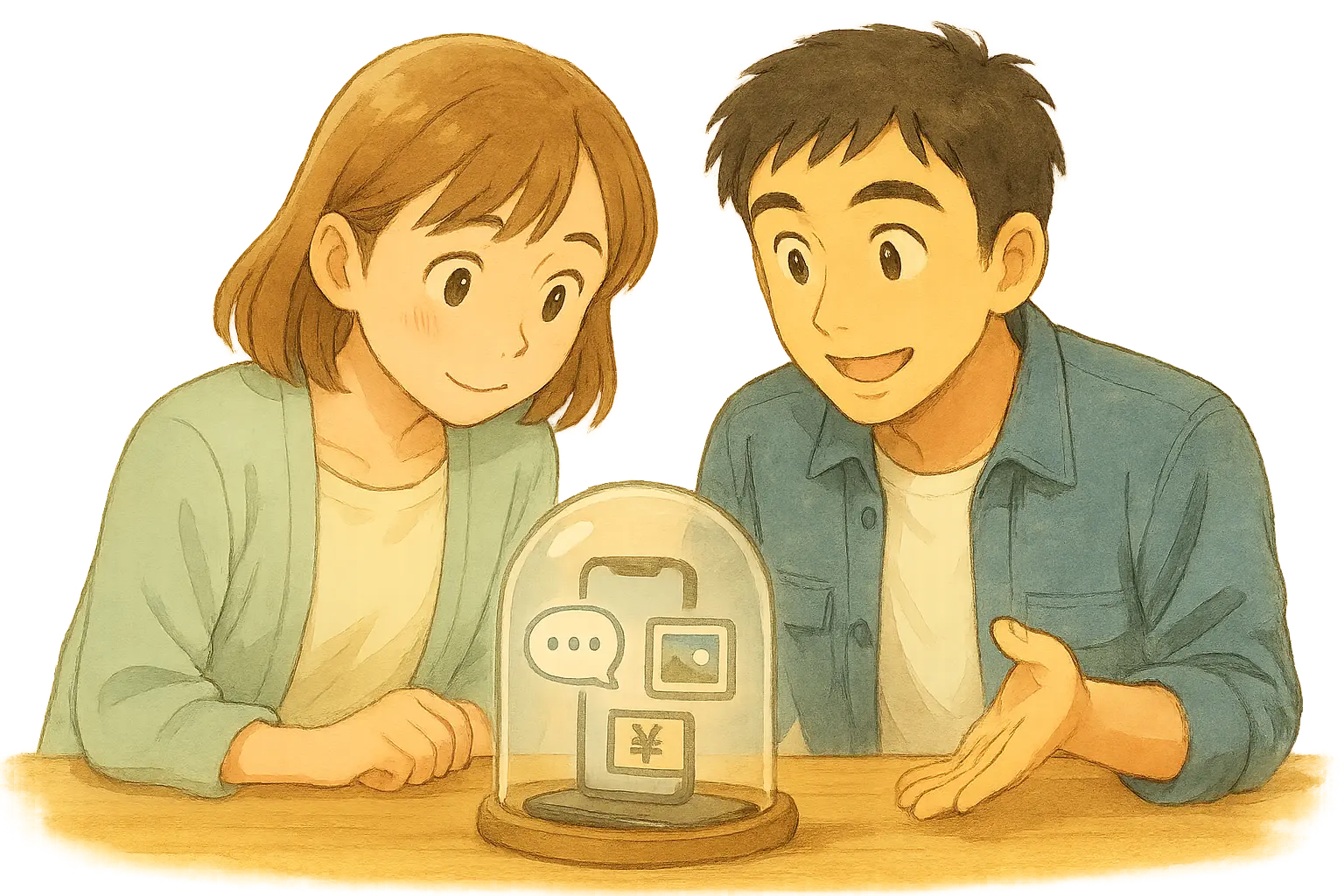 陽菜とひろとが、ガラスドームに入ったiPhoneとアイコン(メッセージ・写真・お金)を覗き込んでいるイラスト。ロック画面が大切なデータを守っている様子を水彩風で表現。