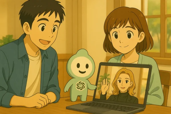 昼休みの社内カフェ。陽菜とひろとがノートPC越しに彩花と通話し、テーブル端には足のあるChatGPTくんが参加している。