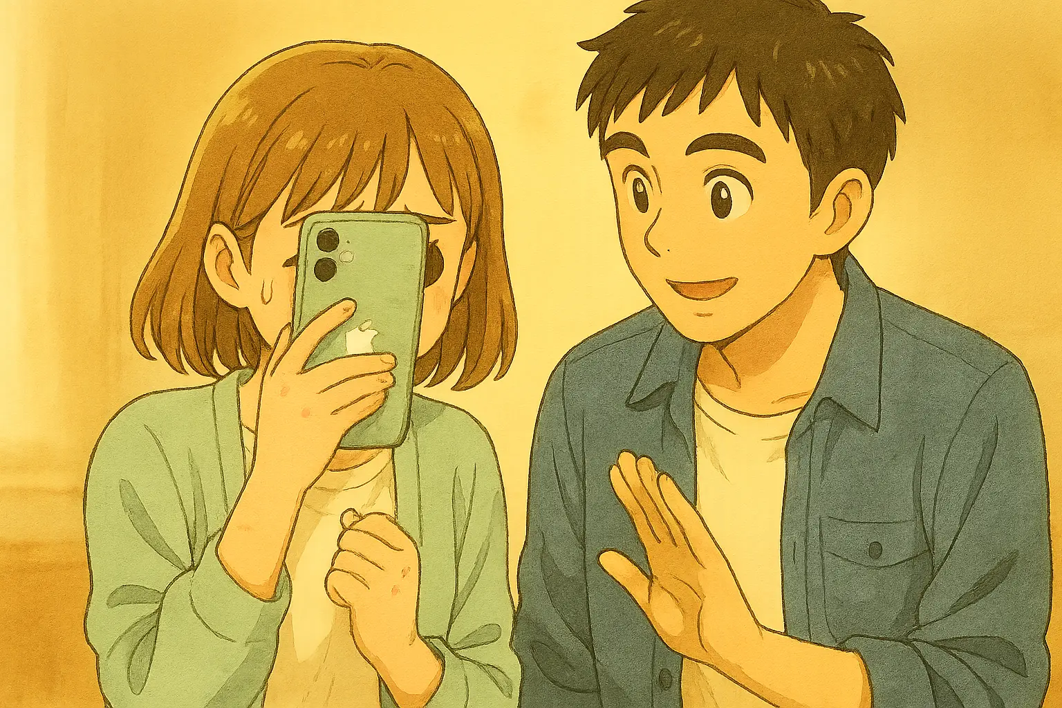 陽菜がiPhoneを顔の前に持ち上げ、カバーや指でセンサー部分をうっかり覆ってしまい困っている様子。ひろとが横から「そこかも」と優しくジェスチャーで伝えている、あたたかい雰囲気の水彩イラスト。