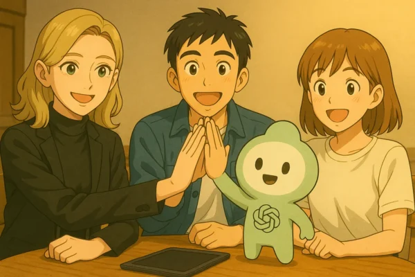 彩花・ひろと・陽菜・ChatGPTくんが囲んでハイタッチ