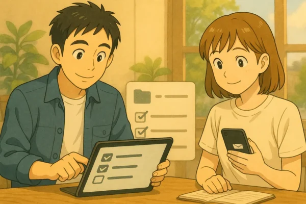 ひろとがiPadでチェックリストを操作、陽菜がSlack通知を確認。