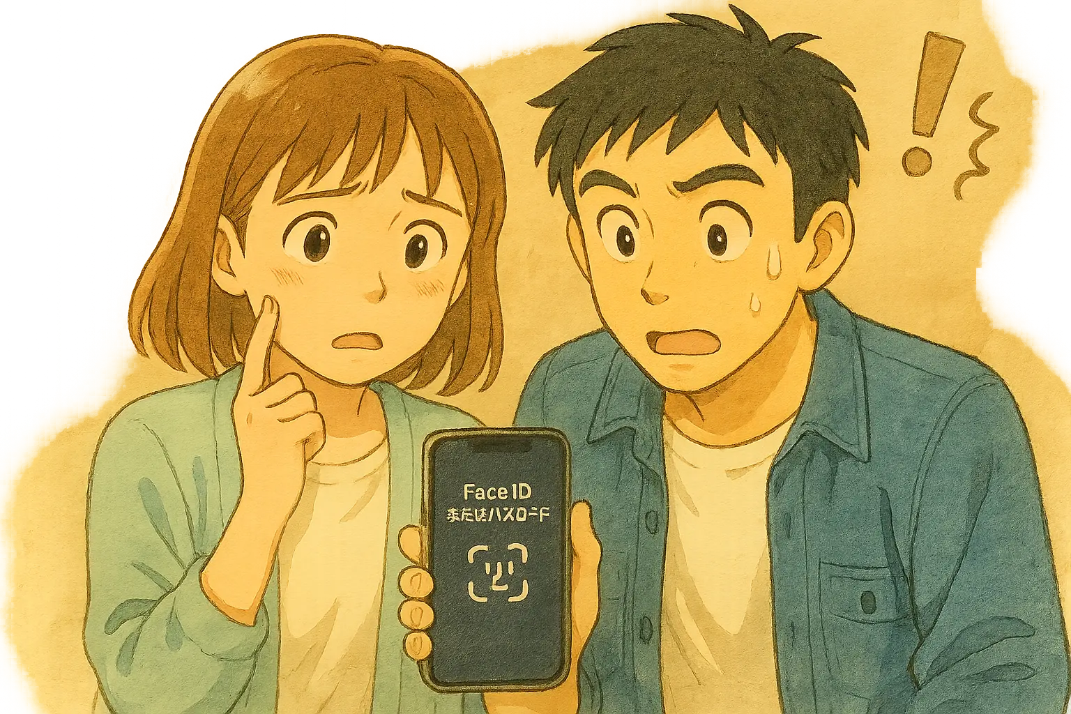 陽菜がiPhoneの解除エラー画面を見て不安そうな表情を浮かべ、隣でひろとも驚いた様子でのぞき込んでいるイラスト。Face IDやパスコードが認識されず焦っている場面を水彩タッチで表現。