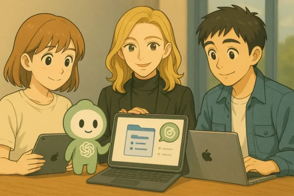 3人+ChatGPTくんが同じファイルを操作中。 彩花がプロジェクトリーダー的に中央でまとめ役。 陽菜がiPad、ひろとがノートPC。