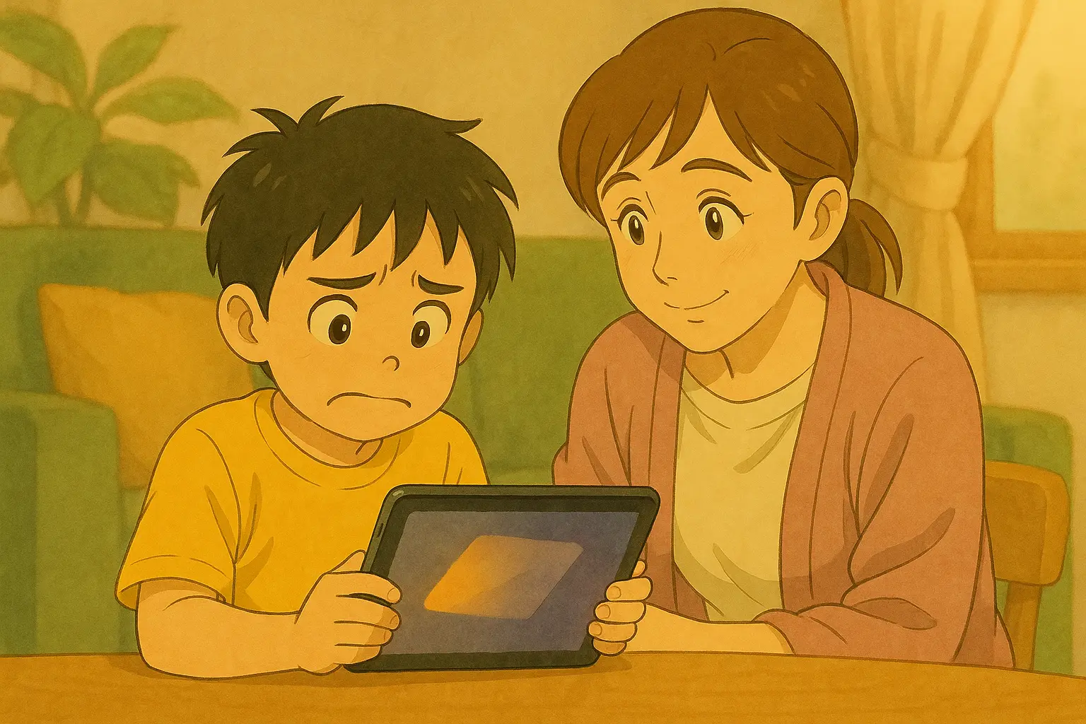 iPadの画面が勝手に回転して困っているそうまと、そばで優しく見守る母・結衣の様子を描いたイラスト。夕方のリビングで、画面の向きが安定せず小さく傾いた表示になっている。