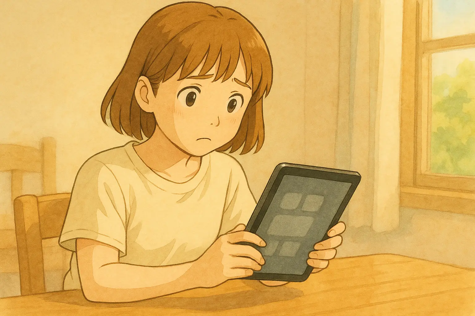 iPadの画面が斜めのまま戻らず、首をかしげて原因を考える陽菜のイラスト。回転ロックを外したのに動かない場面を表現。